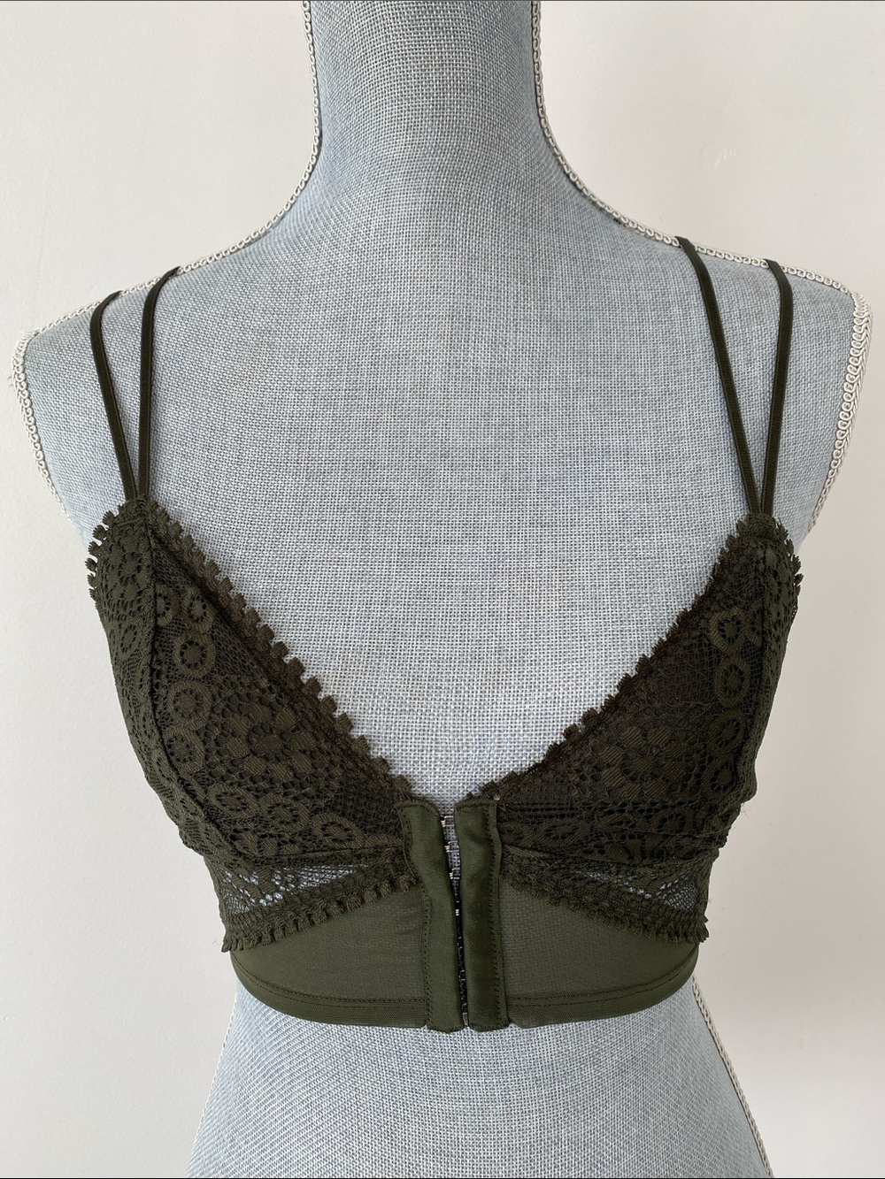 aerie Olive Green Lace Bralette Double Straps Corset Closer Front XS